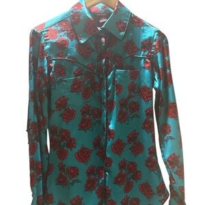 Rock&Roll Cowgirl Floral Red and Blue Fringe Women’s Western Cowgirl Shirt